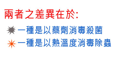 兩者之差異在於:一種是以藥劑消毒殺菌,一種是以熱溫度消毒除蟲